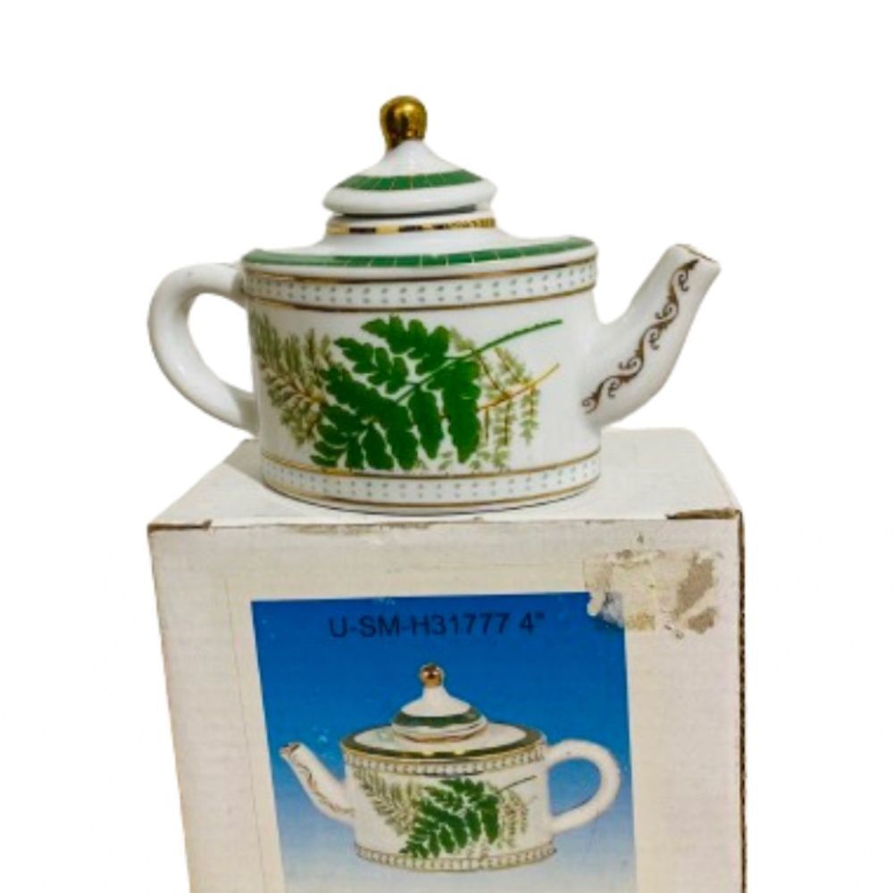 Oriental Little Tea Pot- White, Green w/ Gold Accent | Houseware/Home Decor - Picture 2 of 2